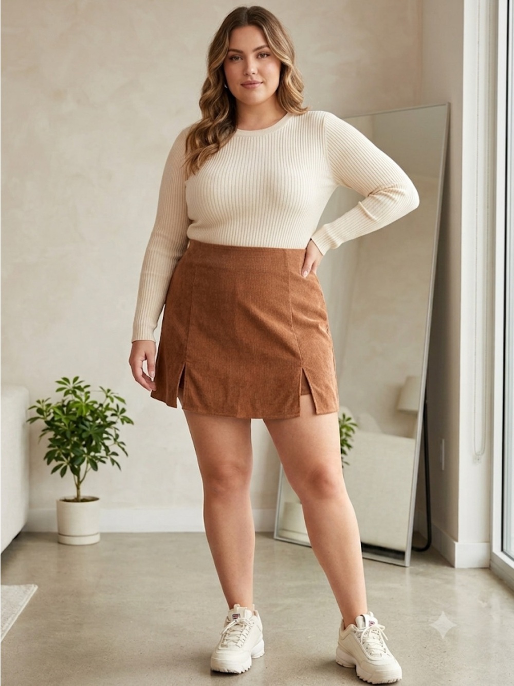 Cider Rust Brown Corduroy Mini Skort with Front Slits